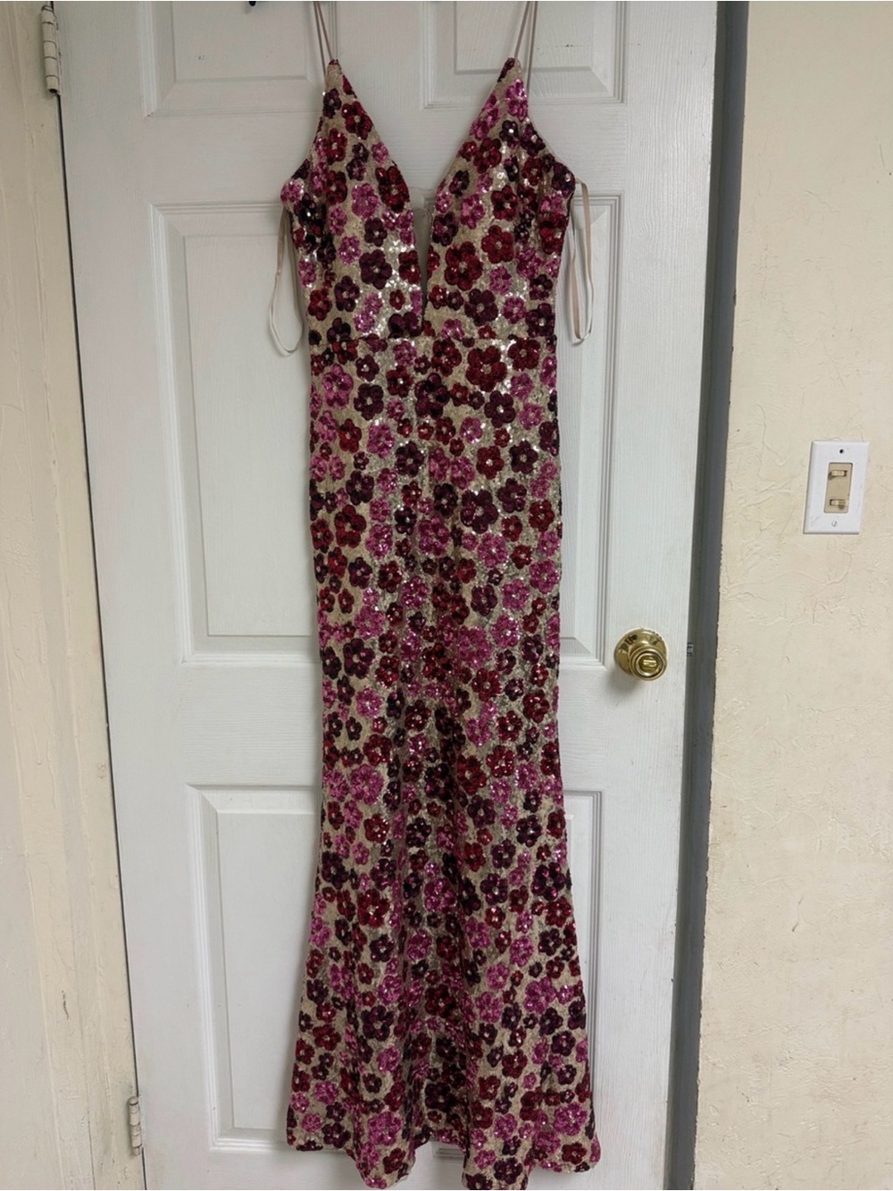 Betsy & Adam Rava Purple and Pink Sequin Floral Maxi Gown Prom Formal - Picture 3 of 12
